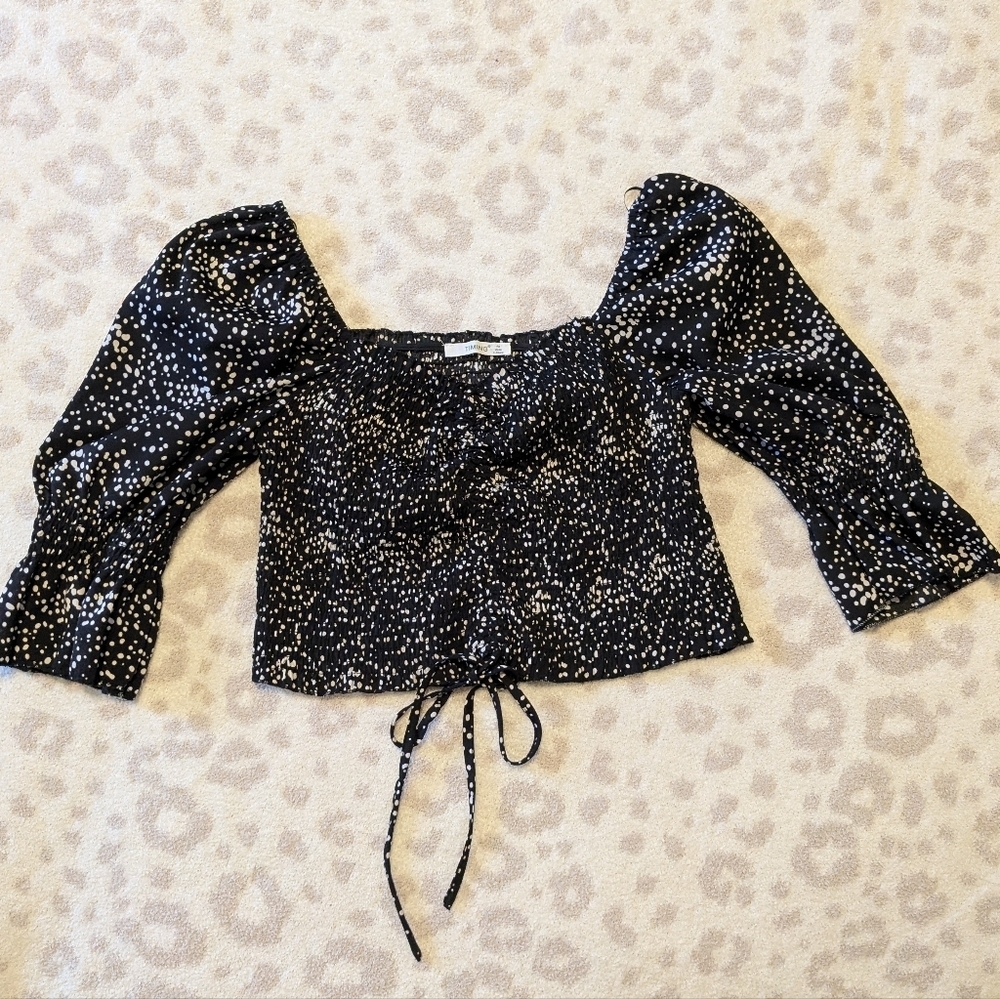 Puff Sleeve Shirred Ruched Black and White Polka Dot Cropped Blouse Tie Front S